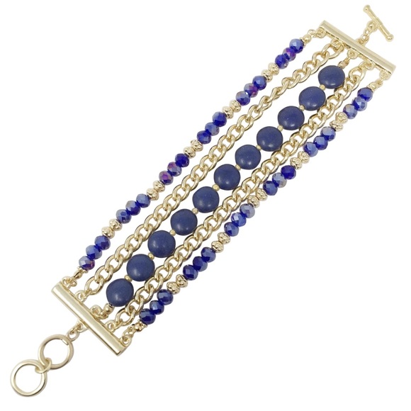 Blue Stone and Glass Layered Bead Gold Chain Bracelet - Picture 1 of 2